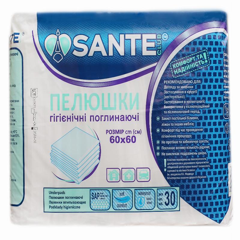 Пелюшки гігієнічні поглинаючі SANTE CLUB розмір: 60 (см) х 60 (см), 30 шт/уп